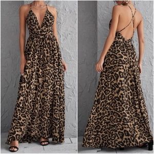 Leopard Print Camel Criss Cross Maxi Dress Party